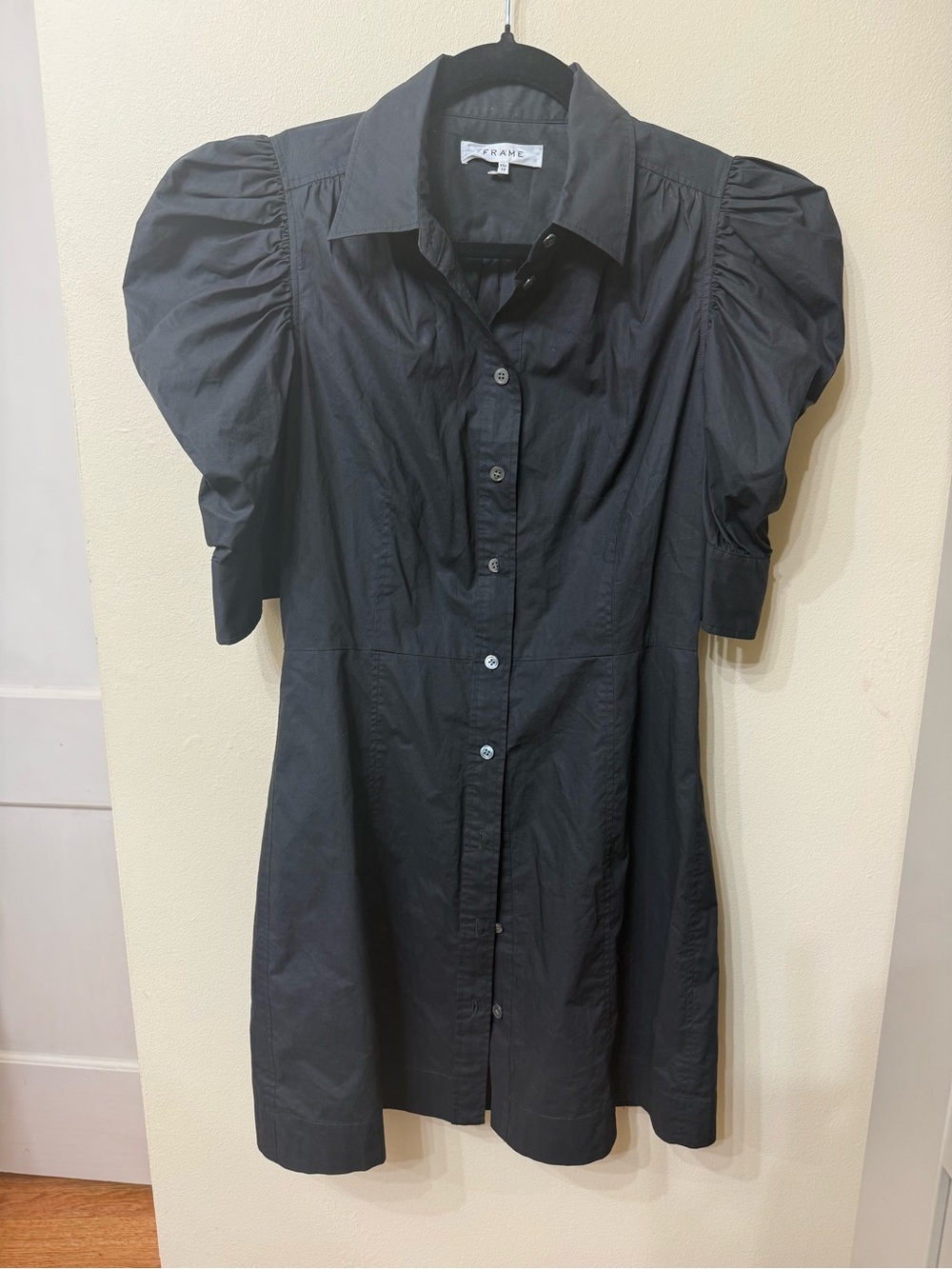 FRAME XS Puff-Sleeve Button-Front Black Mini Dress Party Event Designer Preppy - Picture 5 of 11